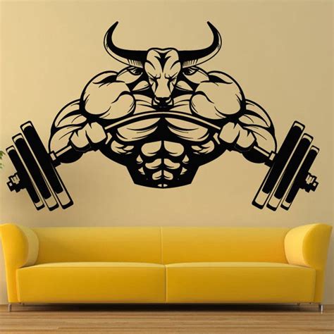 Gym Sticker Barbell Bull Fitness Decal Body building Posters Vinyl Wall ...