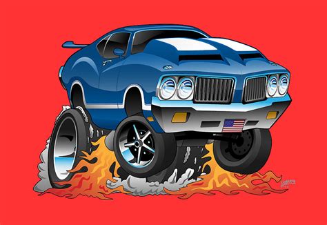 Classic Seventies American Muscle Car Hot Rod Cartoon Illustration Digital Art by Jeff Hobrath ...