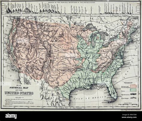 1868 Mitchell Physical Map of the United States of America showing Mountain Ranges, Plateaus and ...