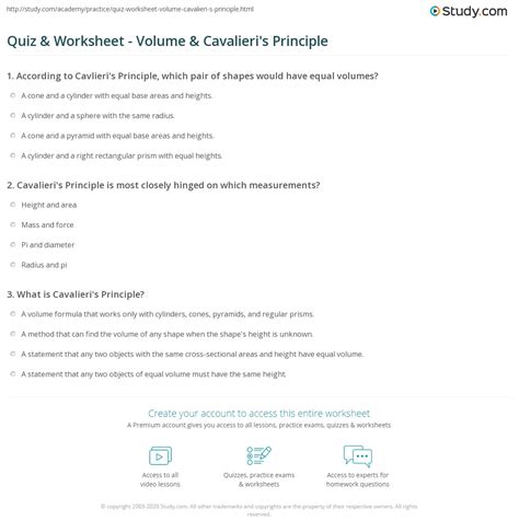 Quiz & Worksheet - Volume & Cavalieri's Principle | Study.com