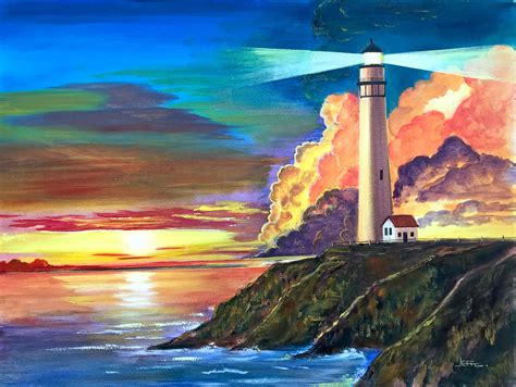 Original Oil Painting Lighthouse at Sunset Sunrise Seascape - Etsy