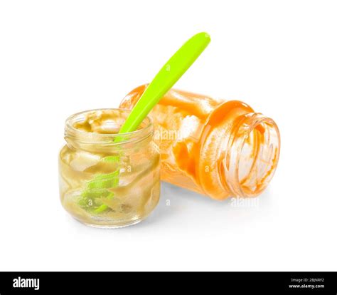 Empty baby food jars on white background Stock Photo - Alamy