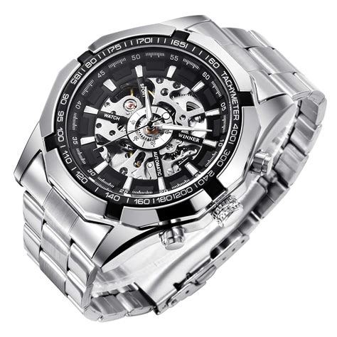 Buy Gute Men's Classic Skeleton Mechanical Automatic Steel Analog Wrist watch (Silver Black X ...