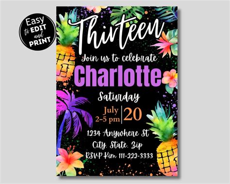 Editable 13th Birthday Party Invitation, Tropical Summer Theme Birthday Invitation, Neon 13th ...