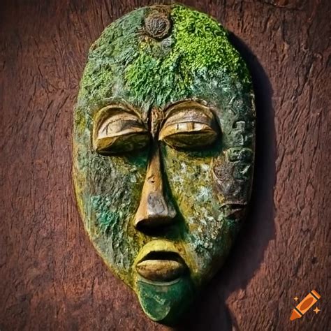 Wooden door with small moss-covered african stone masks