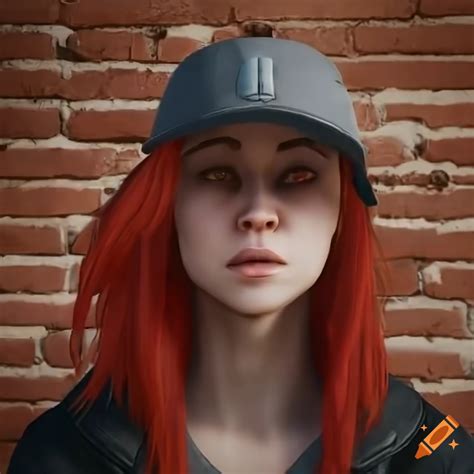 Portrait of a red-haired sci-fi elf girl with a baseball cap and brick wall background on Craiyon