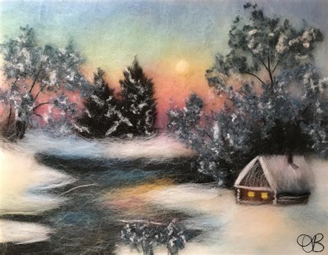 Original Painting With Wool "Winter Sun" by Oksana Ball | Winter Landscape Painting