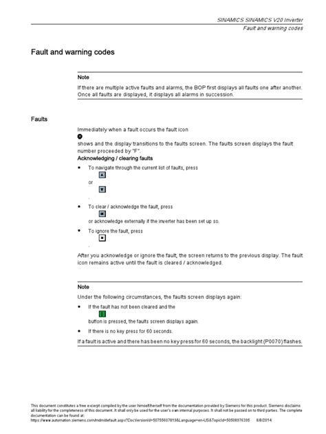 SINAMICS SINAMICS V20 Inverter - Fault and Warning Codes | PDF ...