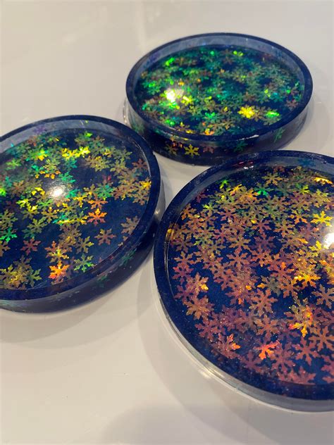 Epoxy resin coasters with iridescent snowflake glitter | Etsy