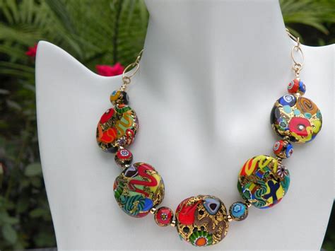 Murano Glass Necklace 28mm Venetian Bead Decorated Discs