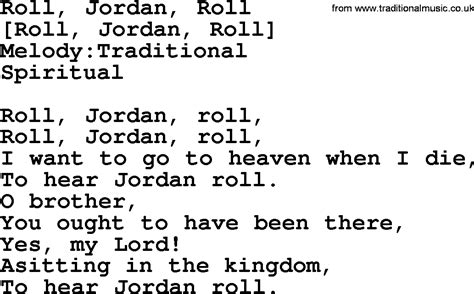 Old American Song - Lyrics for: Roll, Jordan, Roll, with PDF