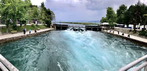 Crn Drim river flowing out of Ohrid lake Struga Macedonia stock images