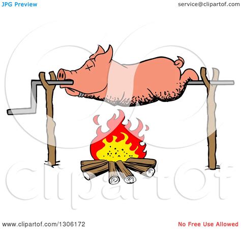 Clipart of a Cartoon Dead Pig Roasing on a Spit over a Fire - Royalty Free Vector Illustration ...