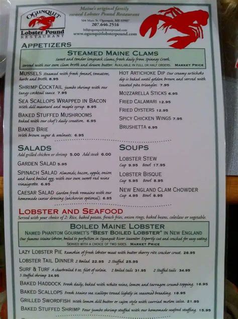 Menu at Ogunquit Lobster Pound restaurant, Ogunquit, 504 Main St