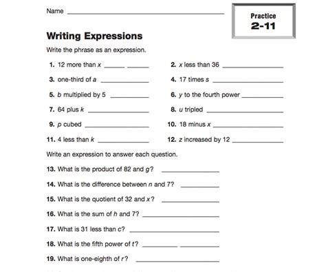 Writing Expressions Printable (5th - 6th Grade) - TeacherVision