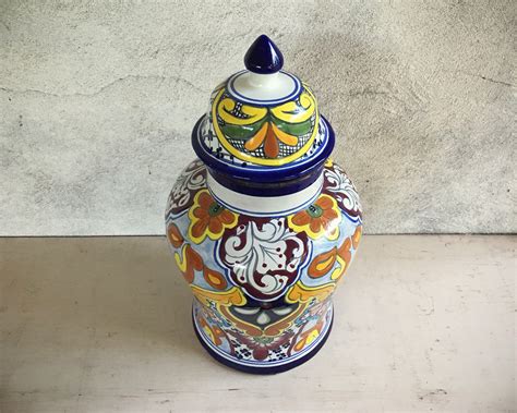 Large vintage Talavera lidded jar, Talavera pottery ginger jar tibor, Mexican pottery Majolica ...