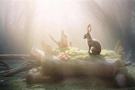 Premium Photo | A rabbit sits on a log in a forest