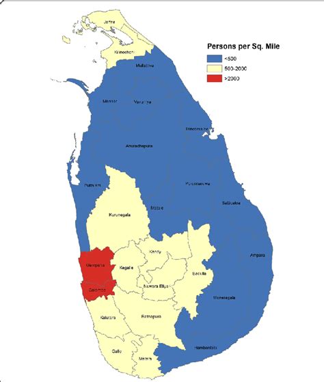 Map of Sri Lanka showing the population densities in each district in... | Download Scientific ...