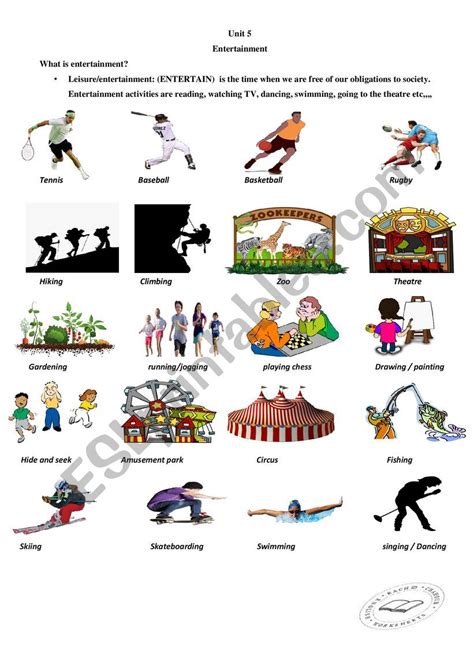 Entertainment, leisure, pastime activities vocabulary - ESL worksheet ...