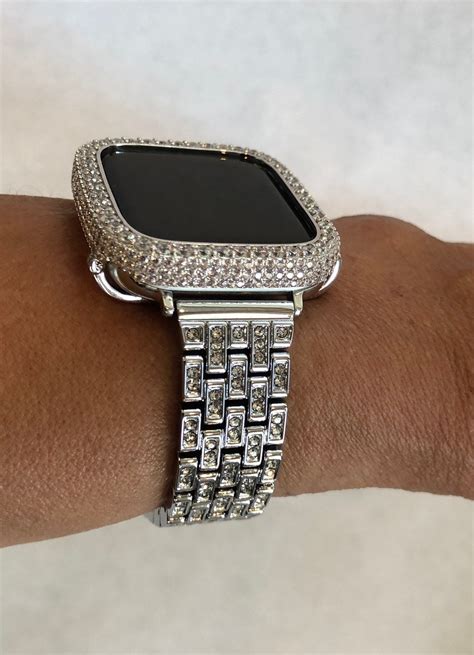 Silver Apple Watch Band 38mm-44mm Series 6 and or 2.5mm Lab Diamond Bezel Cover Iwatch Bling sb1