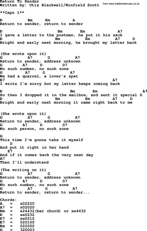 Return To Sender, by Elvis Presley - lyrics and chords