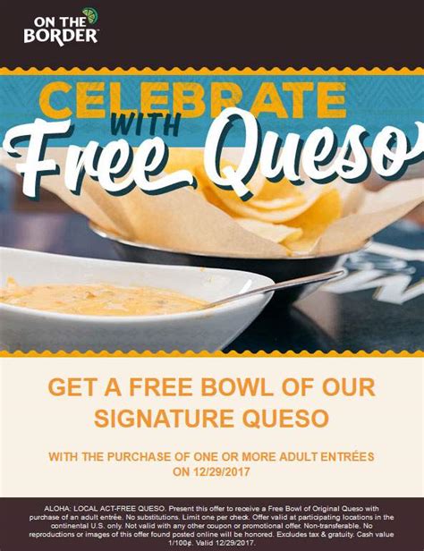 On The Border Coupon October 2019:Free bowl of queso with your entree today at On The Border