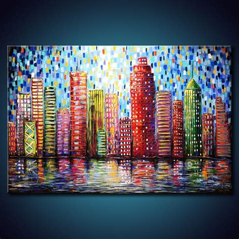 TEXTURED Urban City Buildings Painting. Abstract ORIGINAL 24x36 Canvas. Modern Colorful Fine Art ...