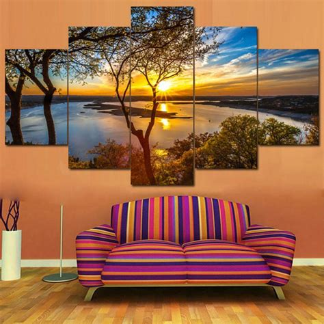 Beautiful Sunrise Lakeview – Nature 5 Panel Canvas Art Wall Decor ...