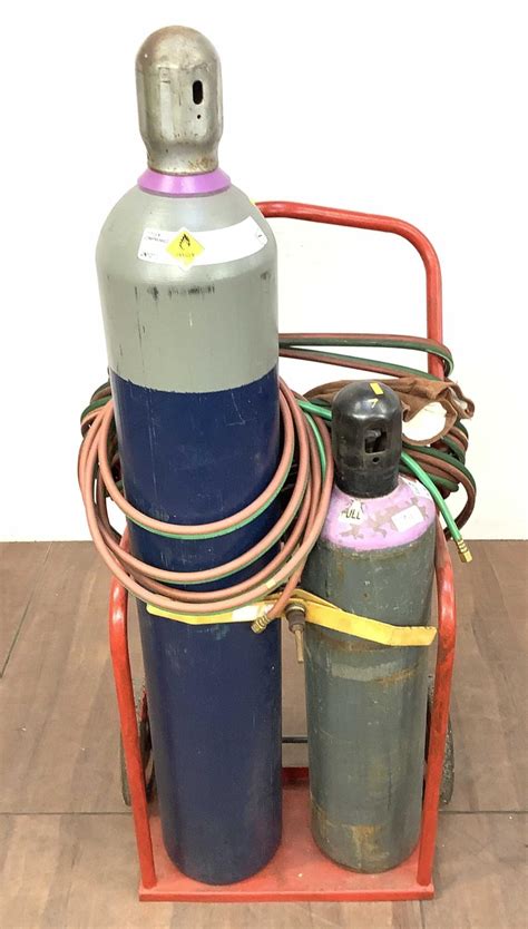 Lot - Oxygen & Acetylene Welding Gas Tanks & Caddy