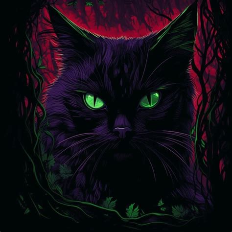 Premium AI Image | A black cat with green eyes is in a dark forest.