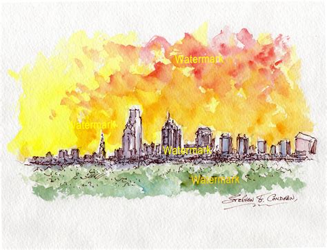 Philadelphia skyline watercolor painting of skyscrapers at sunset