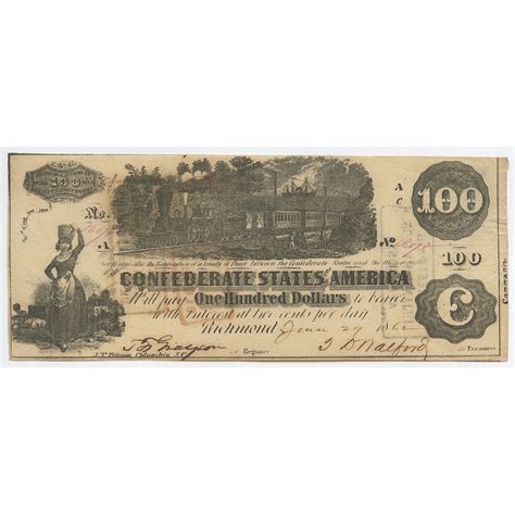 1862 $100 One Hundred Dollars Confederate States of America Richmond CSA Bank Note Bill (T-39 ...