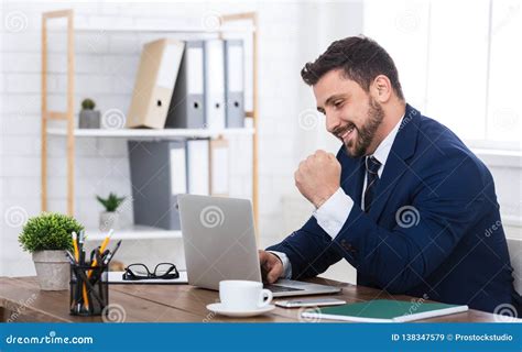 Happy Businessman with Laptop, Celebrating Success in Office Stock Image - Image of panorama ...