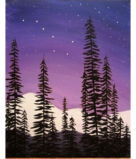 Night sky pine trees beginner painting | Beginner painting, Simple ...