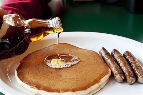 Maple Syrup On Pancakes With Sausage Royalty Free Stock Photo - Image ...