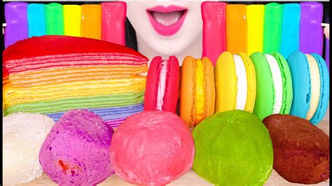 ASMR RAINBOW FOOD *RAINBOW CHEESE STICK, CREPE CAKE, MACARON, RICE CAKE ...