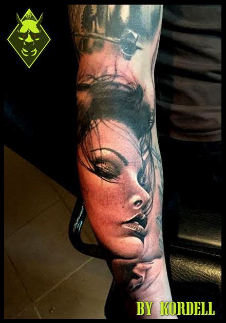 Woman face lower arm tattoo - realistic style black & grey tattoos done by Kordell at Tattoos by ...