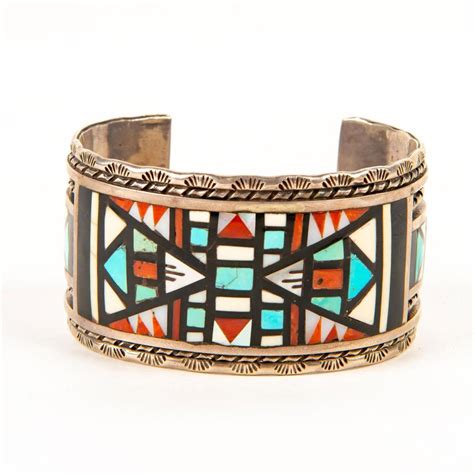 Sold Price: Native American Zuni Inlay Bracelet Sterling Silver Cuff ...