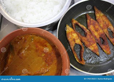 A Authentic Goan Meal, Fried Fish, Fish Curry and White Rice Stock ...