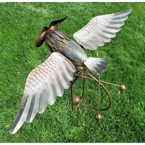 Wing Flapping Kinetic Metal Brown Grey Owl Yard Stake Rocking Wind Spinner Whirly-Gig Garden Art ...