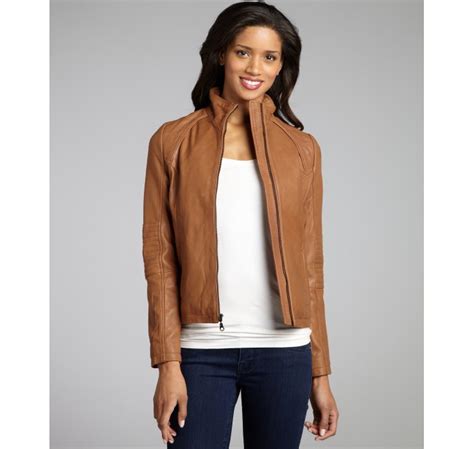 Lyst - Dkny Camel Leather Quilted Shoulder Zip Front Motorcycle Jacket in Brown