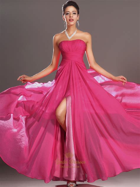 Hot Pink Strapless Chiffon Side Split Prom Dresses With Pleated Bodice | Linda Dress