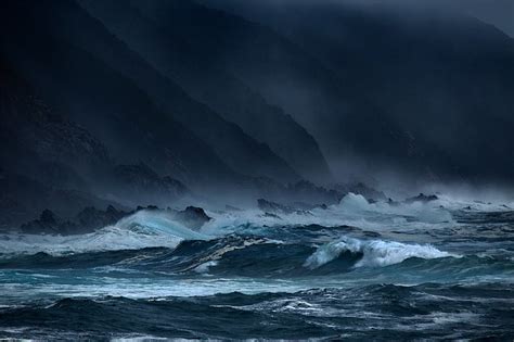 HD wallpaper: body of water, sea, wave, storm, rocks, the evening, dark ...