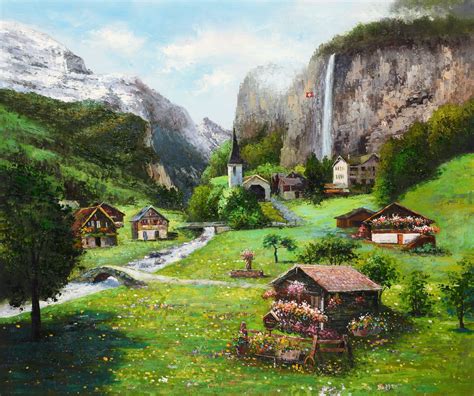 Portrait Painting from Photo. It's a little village called Lauterbrunnen, Switzerland. Abstract ...