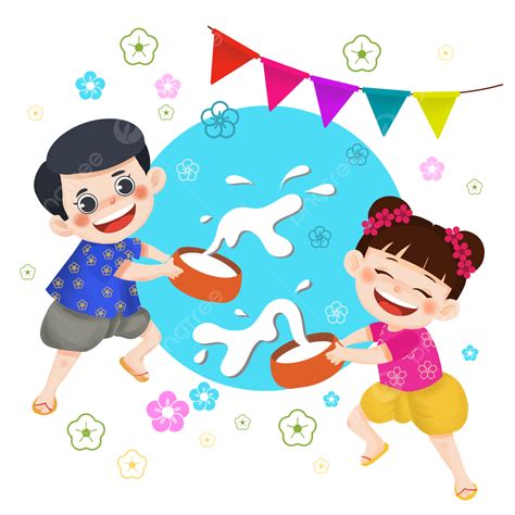 Songkran Festival In Thailand Cute Kids Cartoon Style Celebrating ...