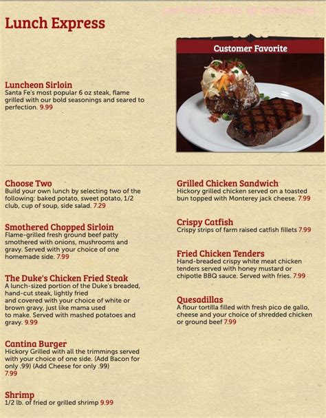 Menu at Santa Fe Cattle Company steakhouse, Enterprise