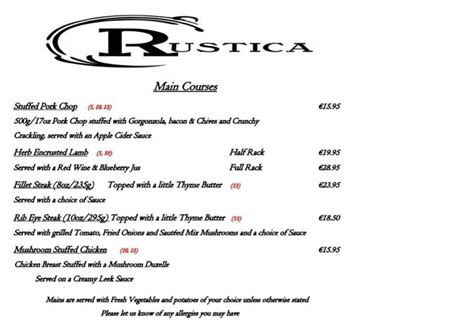 Menu at Rustica restaurant, Los Dolses