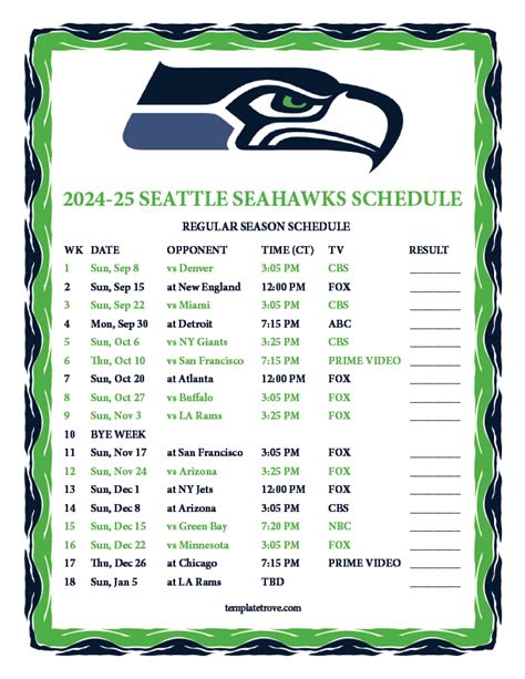 Printable 2024-2025 Seattle Seahawks Schedule