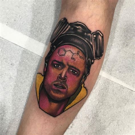 Psychedelic Jesse Pinkman portrait tattoo on the calf.