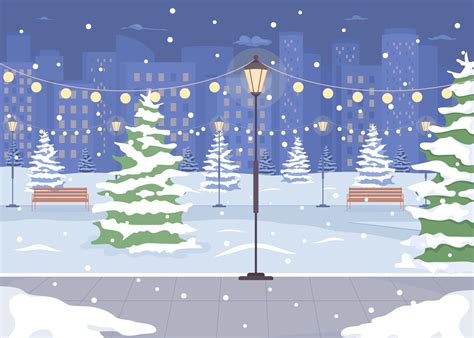 Night winter park with street light flat color vector illustration. Xmas holiday celebration ...